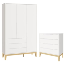 Jogo de Quarto Infantil Boom Classic Guarda Roupa e Cômoda 4 Gavetas Branco Fosco com Pés Madeira Natural - Reller Móveis Jogo de Quarto Infantil Boom Classic Guarda Roupa e Cômoda 4 Gavetas Branco Fosco com Pés Madeira Natural - Reller Móveis