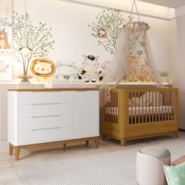 Jogo de Quarto Infantil Boom Classic Slim Berço e Cômoda 1 Porta Branco Fosco/Savana com Pés Amadeirado - Reller Móveis Jogo de Quarto Infantil Boom Classic Slim Berço e Cômoda 1 Porta Branco Fosco/Savana com Pés Amadeirado - Reller Móveis