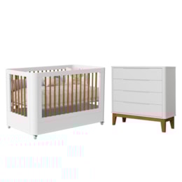Jogo de Quarto Infantil Boom Classic Slim Wheels Berço e Cômoda 4 Gavetas Branco Fosco com Pés Amadeirado - Reller Móveis Jogo de Quarto Infantil Boom Classic Slim Wheels Berço e Cômoda 4 Gavetas Branco Fosco com Pés Amadeirado - Reller Móveis
