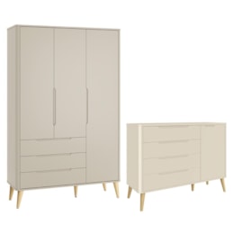 Jogo de Quarto Infantil Boom Retrô Guarda Roupa e Cômoda 1 Porta Areia Fosco com Pés Madeira Natural - Reller Móveis Jogo de Quarto Infantil Boom Retrô Guarda Roupa e Cômoda 1 Porta Areia Fosco com Pés Madeira Natural - Reller Móveis