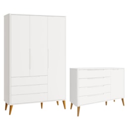 Jogo de Quarto Infantil Boom Retrô Guarda Roupa e Cômoda 1 Porta Branco Fosco com Pés Amadeirado - Reller Móveis Jogo de Quarto Infantil Boom Retrô Guarda Roupa e Cômoda 1 Porta Branco Fosco com Pés Amadeirado - Reller Móveis