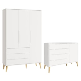 Jogo de Quarto Infantil Boom Retrô Guarda Roupa e Cômoda 1 Porta Branco Fosco com Pés Madeira Natural - Reller Móveis Jogo de Quarto Infantil Boom Retrô Guarda Roupa e Cômoda 1 Porta Branco Fosco com Pés Madeira Natural - Reller Móveis