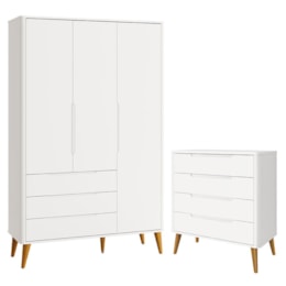 Jogo de Quarto Infantil Boom Retrô Guarda Roupa e Cômoda 4 Gavetas Branco Fosco com Pés Amadeirado - Reller Móveis Jogo de Quarto Infantil Boom Retrô Guarda Roupa e Cômoda 4 Gavetas Branco Fosco com Pés Amadeirado - Reller Móveis