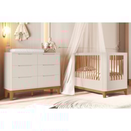 Jogo de Quarto Infantil Boom Slim Classic Cômoda 6 Gavetas e Berço Areia Fosco com Pés Amadeirado - Reller Móveis