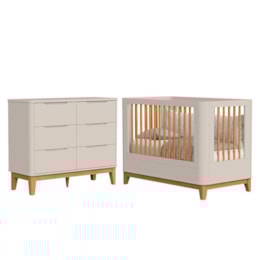 Jogo de Quarto Infantil Boom Slim Classic Cômoda 6 Gavetas e Berço Areia Fosco com Pés Amadeirado - Reller Móveis