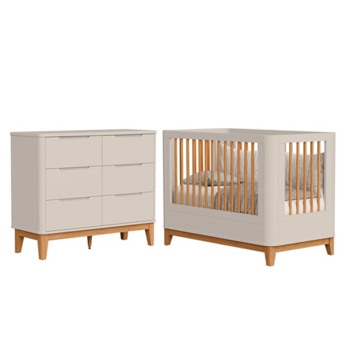 Jogo de Quarto Infantil Boom Slim Classic Cômoda 6 Gavetas e Berço Areia Fosco com Pés Amadeirado - Reller Móveis