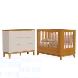 Jogo de Quarto Infantil Boom Slim Classic Cômoda 6 Gavetas e Berço Areia Fosco/Savana com Pés Amadeirado - Reller Móveis 