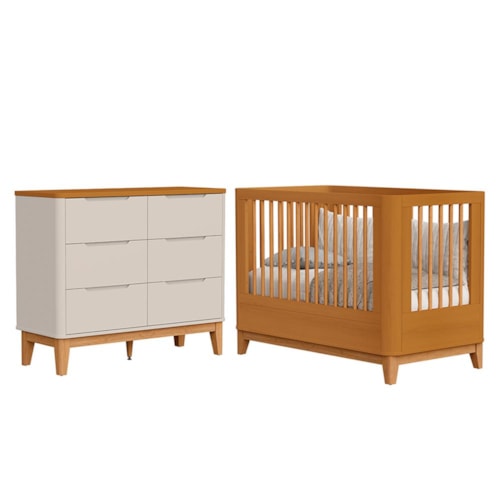 Jogo de Quarto Infantil Boom Slim Classic Cômoda 6 Gavetas e Berço Areia Fosco/Savana com Pés Amadeirado - Reller Móveis 