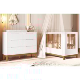 Jogo de Quarto Infantil Boom Slim Classic Cômoda 6 Gavetas e Berço Branco Fosco com Pés Amadeirado - Reller Móveis