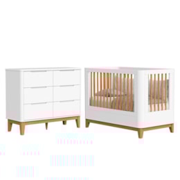 Jogo de Quarto Infantil Boom Slim Classic Cômoda 6 Gavetas e Berço Branco Fosco com Pés Amadeirado - Reller Móveis