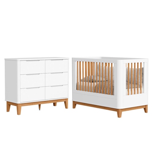 Jogo de Quarto Infantil Boom Slim Classic Cômoda 6 Gavetas e Berço Branco Fosco com Pés Amadeirado - Reller Móveis