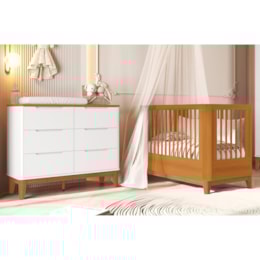 Jogo de Quarto Infantil Boom Slim Classic Cômoda 6 Gavetas e Berço Branco Fosco/Savana com Pés Amadeirado - Reller Móveis
