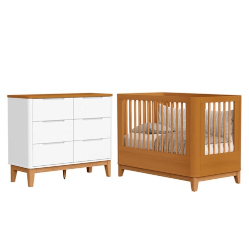 Jogo de Quarto Infantil Boom Slim Classic Cômoda 6 Gavetas e Berço Branco Fosco/Savana com Pés Amadeirado - Reller Móveis