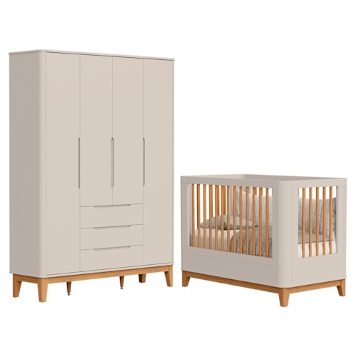 Jogo de Quarto Infantil Boom Slim Classic Guarda Roupa 4 Portas e Berço Areia Fosco com Pés Amadeirado - Reller Móveis