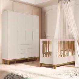 Jogo de Quarto Infantil Boom Slim Classic Guarda Roupa 4 Portas e Berço Areia Fosco com Pés Amadeirado - Reller Móveis