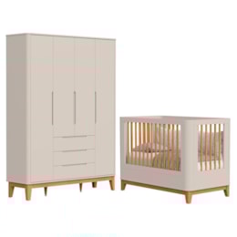 Jogo de Quarto Infantil Boom Slim Classic Guarda Roupa 4 Portas e Berço Areia Fosco com Pés Amadeirado - Reller Móveis