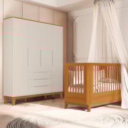 Jogo de Quarto Infantil Boom Slim Classic Guarda Roupa 4 Portas e Berço Areia Fosco/Savana com Pés Amadeirado - Reller Móveis