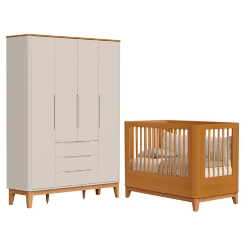 Jogo de Quarto Infantil Boom Slim Classic Guarda Roupa 4 Portas e Berço Areia Fosco/Savana com Pés Amadeirado - Reller Móveis