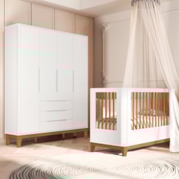 Jogo de Quarto Infantil Boom Slim Classic Guarda Roupa 4 Portas e Berço Branco Fosco com Pés Amadeirado - Reller Móveis  