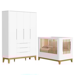 Jogo de Quarto Infantil Boom Slim Classic Guarda Roupa 4 Portas e Berço Branco Fosco com Pés Amadeirado - Reller Móveis  
