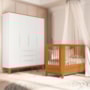 Jogo de Quarto Infantil Boom Slim Classic Guarda Roupa 4 Portas e Berço Branco Fosco/Savana com Pés Amadeirado - Reller Móveis