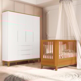 Jogo de Quarto Infantil Boom Slim Classic Guarda Roupa 4 Portas e Berço Branco Fosco/Savana com Pés Amadeirado - Reller Móveis