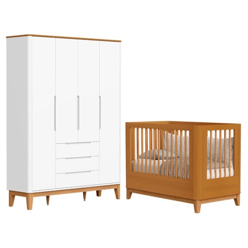 Jogo de Quarto Infantil Boom Slim Classic Guarda Roupa 4 Portas e Berço Branco Fosco/Savana com Pés Amadeirado - Reller Móveis