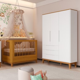 Jogo de Quarto Infantil Boom Slim Classic Guarda Roupa e Berço Branco Fosco/Savana - Reller Móveis Jogo de Quarto Infantil Boom Slim Classic Guarda Roupa e Berço Branco Fosco/Savana - Reller Móveis