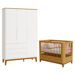 Jogo de Quarto Infantil Boom Slim Classic Guarda Roupa e Berço Branco Fosco/Savana - Reller Móveis