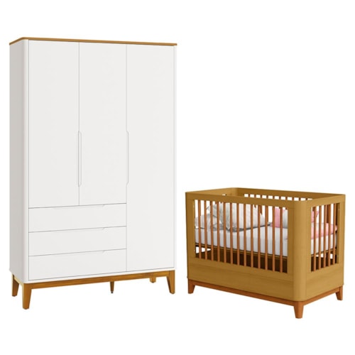 Jogo de Quarto Infantil Boom Slim Classic Guarda Roupa e Berço Branco Fosco/Savana - Reller Móveis