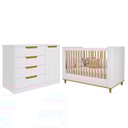 Jogo de Quarto Infantil Caramelo Cômoda com Porta e Berço Branco Acetinado/Nature - Permóbili Baby