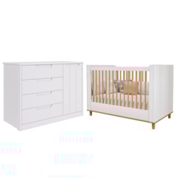 Jogo de Quarto Infantil Caramelo Cômoda com Porta e Berço Branco Acetinado - Permóbili Baby