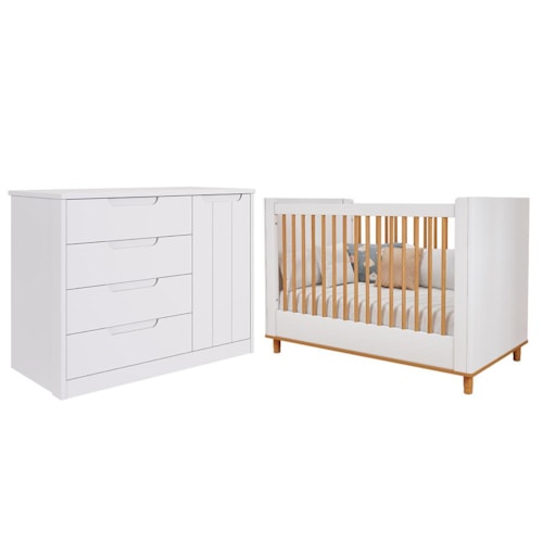 Jogo de Quarto Infantil Caramelo Cômoda com Porta e Berço Branco Acetinado - Permóbili Baby