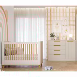 Jogo de Quarto Infantil Caramelo Cômoda com Porta e Berço Off White/Nature - Permóbili Baby 