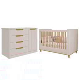 Jogo de Quarto Infantil Caramelo Cômoda com Porta e Berço Off White/Nature - Permóbili Baby 