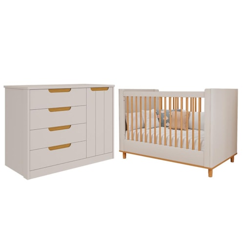 Jogo de Quarto Infantil Caramelo Cômoda com Porta e Berço Off White/Nature - Permóbili Baby 
