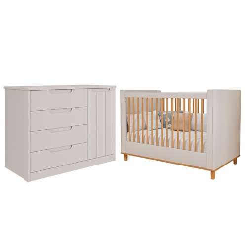Jogo de Quarto Infantil Caramelo Cômoda com Porta e Berço Off White - Permóbili Baby