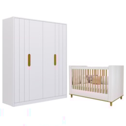 Jogo de Quarto Infantil Caramelo Guarda Roupa e Berço Branco Acetinado/Nature - Permóbili Baby