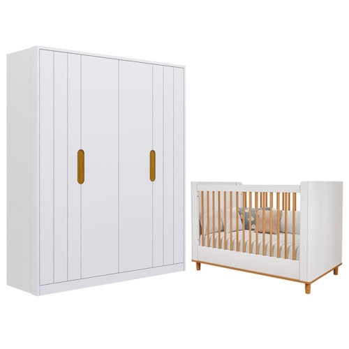 Jogo de Quarto Infantil Caramelo Guarda Roupa e Berço Branco Acetinado/Nature - Permóbili Baby