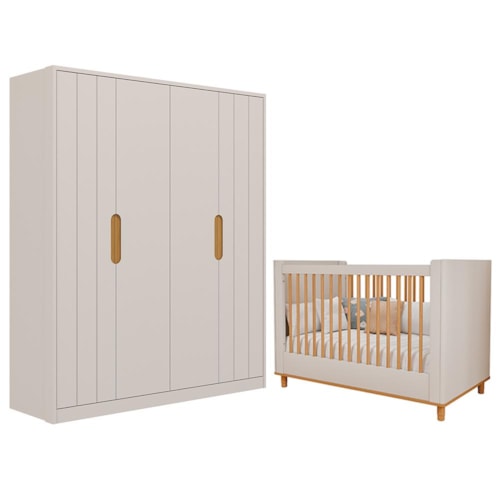 Jogo de Quarto Infantil Caramelo Guarda Roupa e Berço Off White/Nature - Permóbili Baby