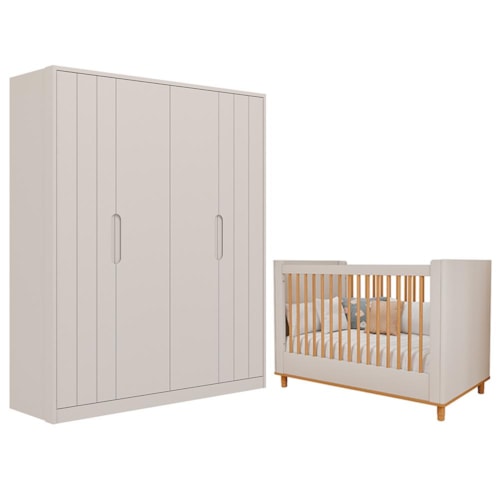 Jogo de Quarto Infantil Caramelo Guarda Roupa e Berço Off White - Permóbili Baby