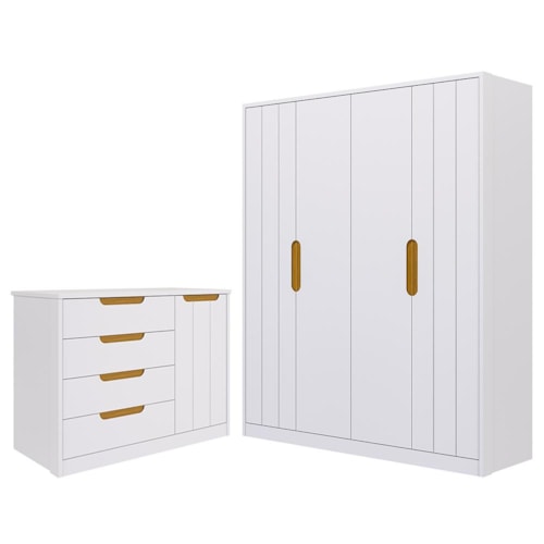 Jogo de Quarto Infantil Caramelo Guarda Roupa e Cômoda com Porta Branco Acetinado/Nature - Permóbili Baby