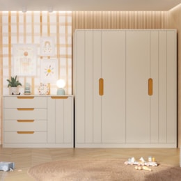 Jogo de Quarto Infantil Caramelo Guarda Roupa e Cômoda com Porta Off White/Nature - Permóbili Baby