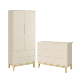 Jogo de Quarto Infantil Classic Guarda Roupa 2 Portas e Cômoda 6 Gavetas Areia Fosco com Pés Madeira Natural - Reller Móveis Jogo de Quarto Infantil Classic Guarda Roupa 2 Portas e Cômoda 6 Gavetas Areia Fosco com Pés Madeira Natural - Reller Móveis