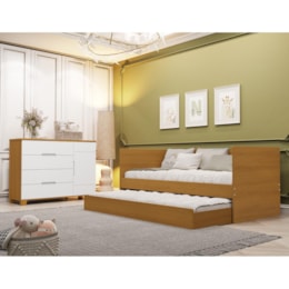 Jogo de Quarto Infantil com Bicama Sofá Solteiro Nino e Cômoda Luna 1 Porta Savana/Branco Fosco - Reller Móveis 