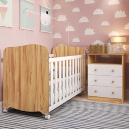 Jogo de Quarto Infantil com Cômoda 3 Gavetas Smim e Berço Uli Branco Brilho/Amêndoa - Móveis Peroba