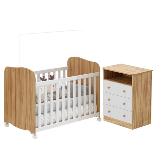 Jogo de Quarto Infantil com Cômoda 3 Gavetas Smim e Berço Uli Branco Brilho/Amêndoa - Móveis Peroba