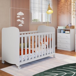 Jogo de Quarto Infantil com Cômoda 3 Gavetas Smim e Berço Uli Branco Brilho - Móveis Peroba