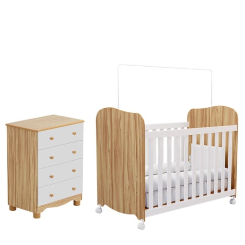 Jogo de Quarto Infantil com Cômoda 4 Gavetas Júnior e Berço Uli Branco Brilho/Amêndoa - Móveis Peroba