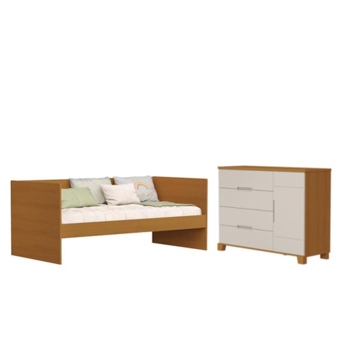 Jogo de Quarto Infantil com Sofá Cama Solteiro Nino e Cômoda Luna 1 Porta Savana/Areia Fosco - Reller Móveis 